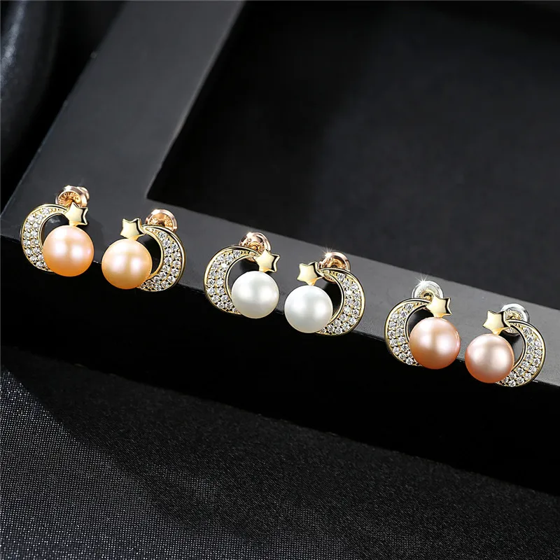 100% 925 Sterling Silver Natural Pearl Earrings for Women Business Star Moon Wedding | Украшения и аксессуары