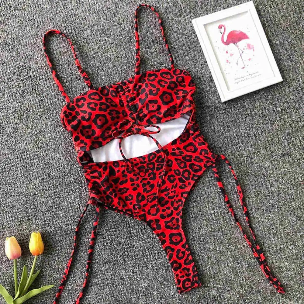 Red Leopard Новинка, слитный купальник со шнуровкой,, женская одежда для плавания, женский купальный костюм с высокой посадкой, купальник, монокини, V1290 - Цвет: Red Leopard