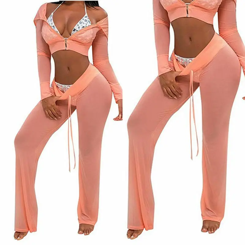 2019 женские брюки пляжные сетчатые прозрачные с поясом широкие бикини Купальники