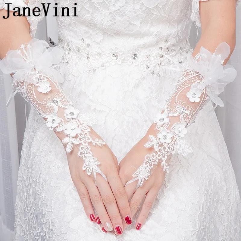 Janevini princesa frisado flores nupcial luvas de casamento renda cristal cotovelo comprimento fingerless gancho dedo vestido de casamento luvas