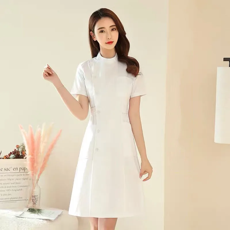 Round White Short Высококачественная Униформа с коротким и длинным рукавом для больниц, медсестер, салонов красоты, спа, женское платье для клиник, Медицинские костюмы - Цвет: Round White Short