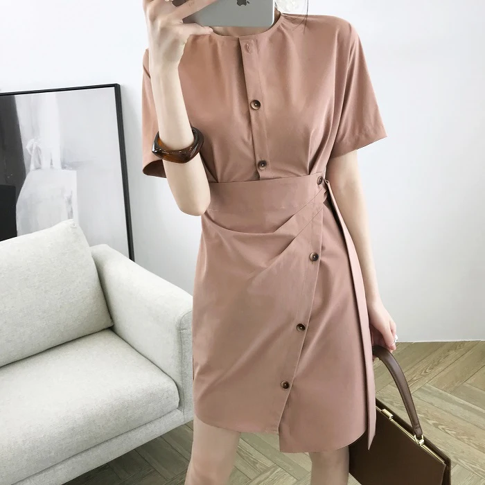 Summer Dress Women Female Vintage Glegant Woman Short Sleeve Button Asymmetrical Dresses | Женская одежда