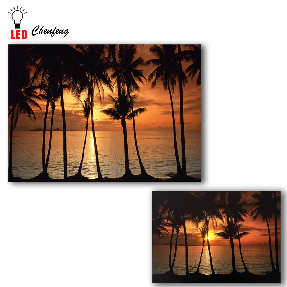 Led Canvas Sunset Ocean Mexico Palms Sky Nature Clouds Cozumel Palm Trees wall picture canvas painting light up printing artwork | Дом и сад