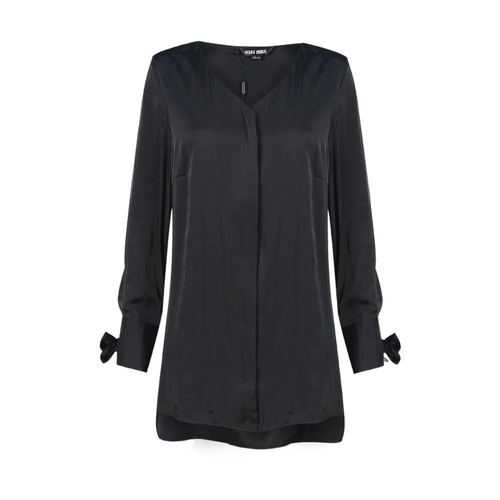 kissmilk 2020 Plus Size Solid Black V-neck Women Shirts Full Sleeve Lace Up Split Bow Female Clothing Sexy Lady Big Tops | Женская