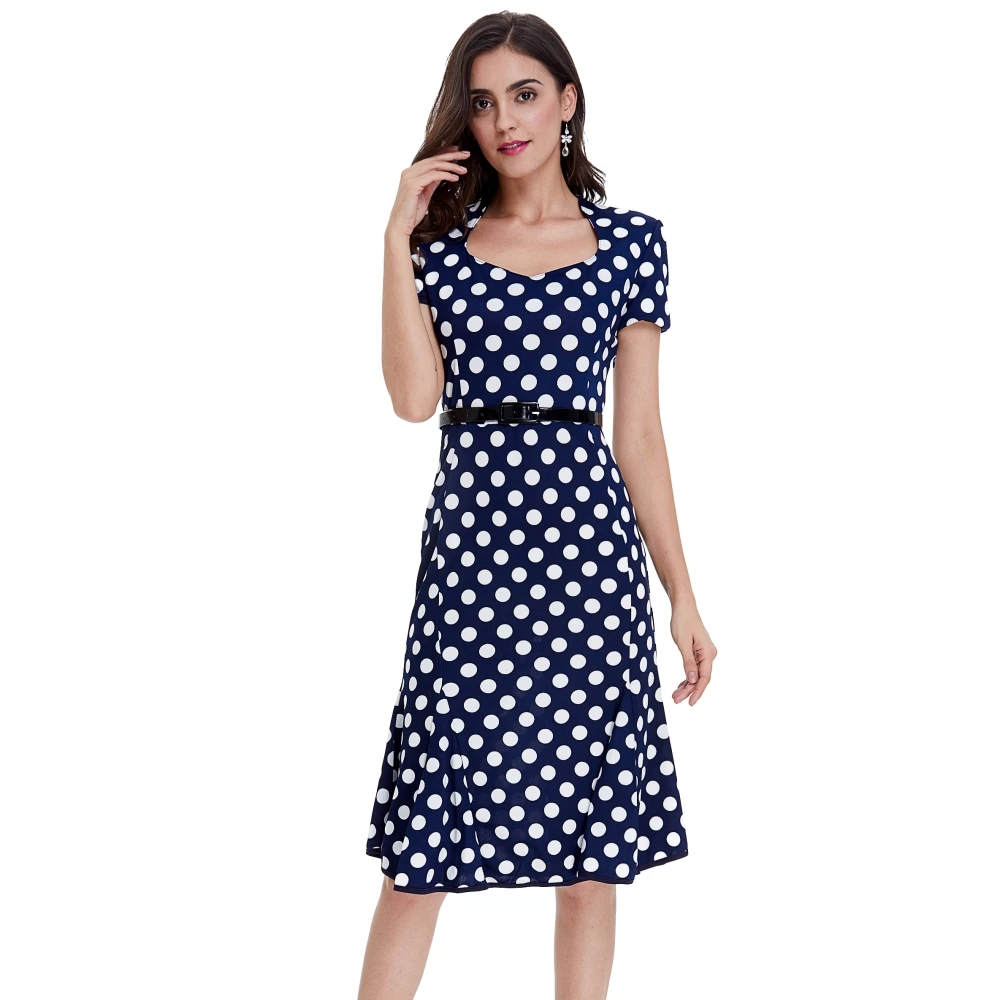 FD3561 Lady's Polka Dot Print Mermaid Tail Pencil Dress Vestidos Robe Short Puff Sleeve Slim Waist with Belt Retro Midi Dresses | Женская