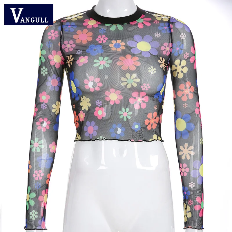 Vangull Black Mesh Сексуальная футболка Для женщин с длинными рукавами принтом Короткие