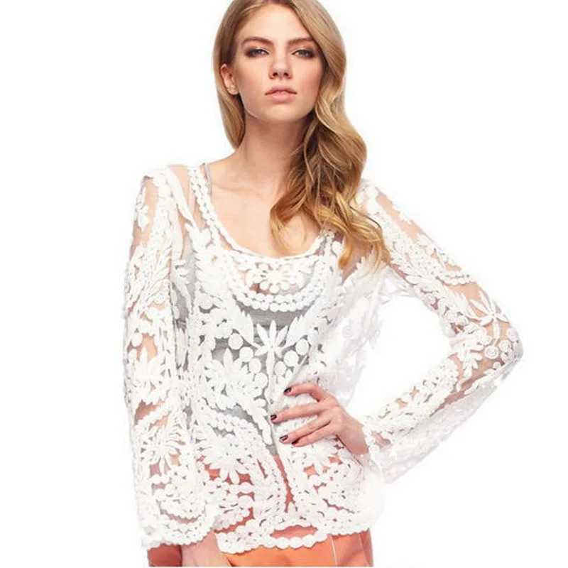 Женская блузка с длинным рукавом кружевная о вырезом и цветочным принтом|long sleeve