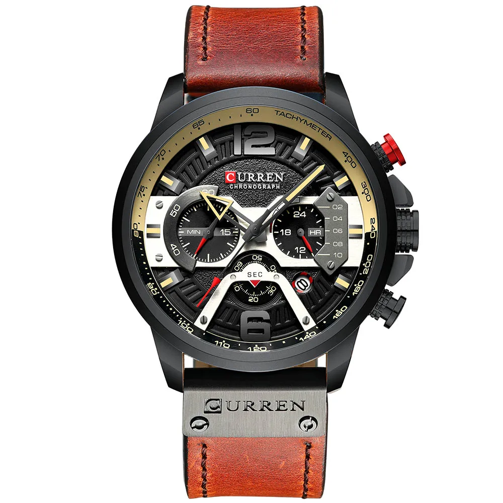 CURREN 8329 брендовые Роскошные мужские часы, кожаные спортивные часы, мужские Модные кварцевые часы с хронографом, водонепроницаемые мужские часы - Цвет: brown black