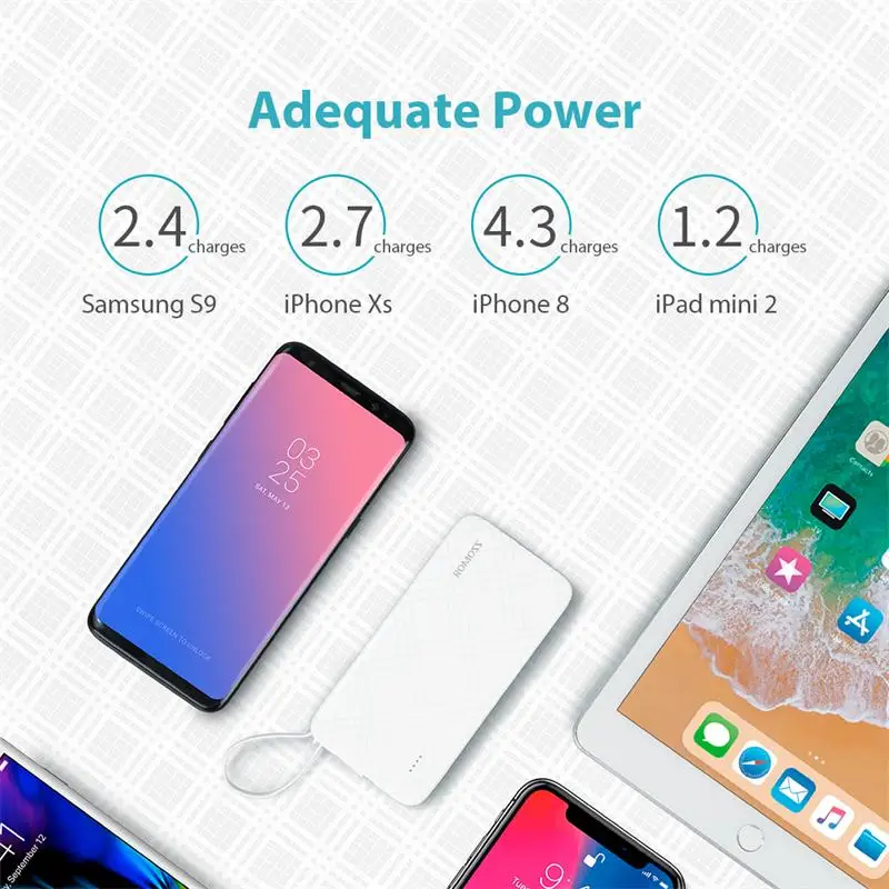 POWER BANK ROMOSS QS10 10000 мАч с встроенным кабелем Micro USB|Внешние аккумуляторы| |