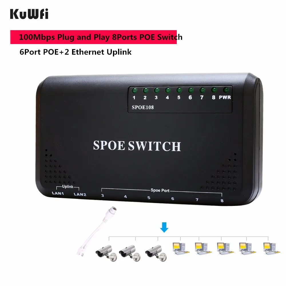 Коммутатор KuWFi 90 Вт 8 портов PoE 10/100 Мбит/с POE Ethernet для ip камеры сетевой коммутатор