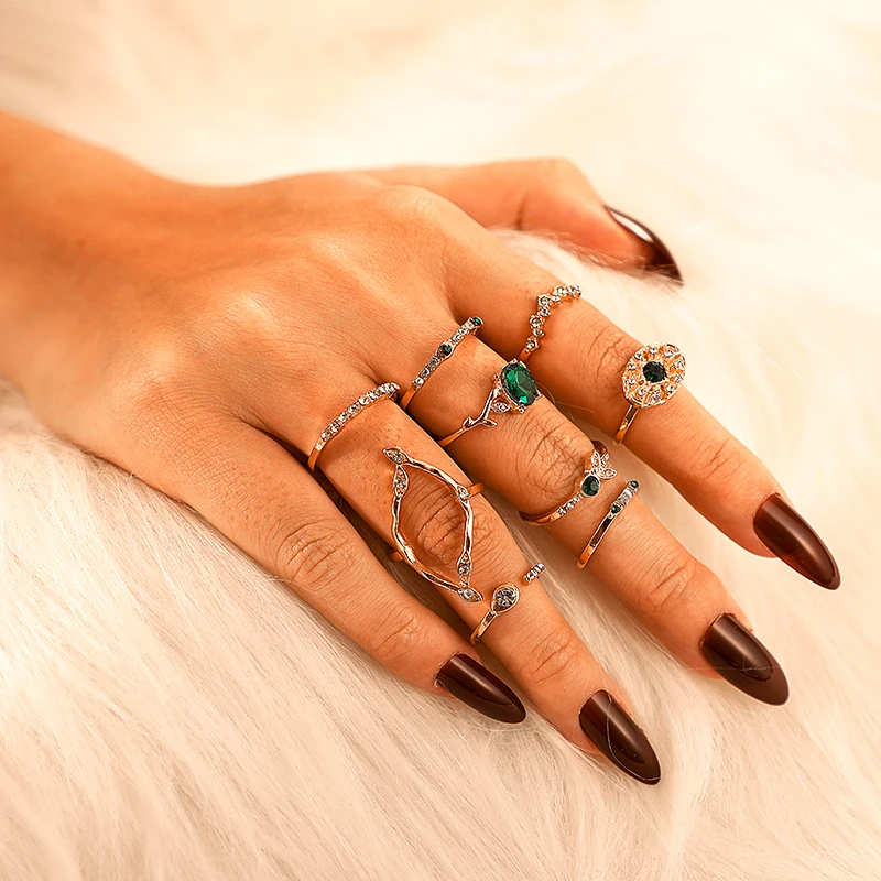 HuaTang Bohemia Green Rhinestone Flower Crystal Wave Ring Set for Women Geometric Knuckle Midi Engagement Rings Jewelry 7120 | Украшения и