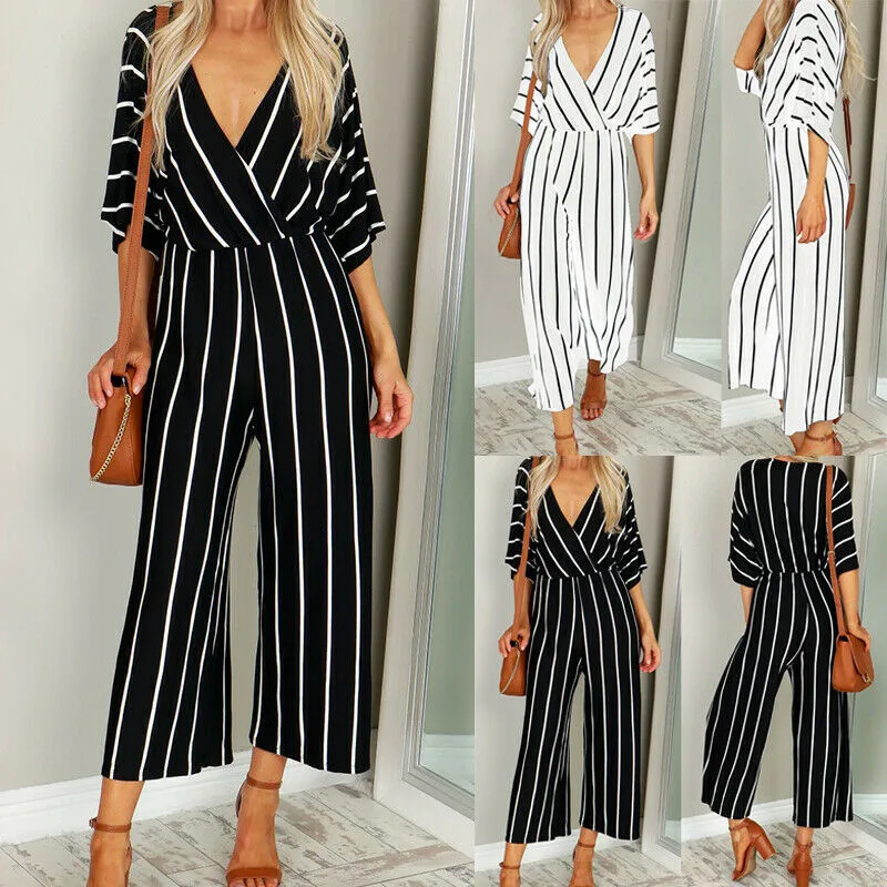 

HIRIGIN Women Striped Short Sleeve Long Jumpsuit Lady Beach Romper Playsuit Party Clubwear