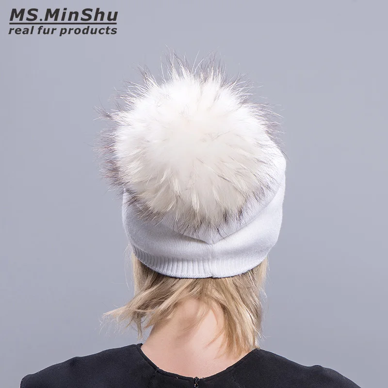 Ms. MinShu, кашемировые шапки для женщин, помпон, шапочки, меховая шапка, женские теплые шапки с натуральным мехом енота, помпон, шапка для взрослых