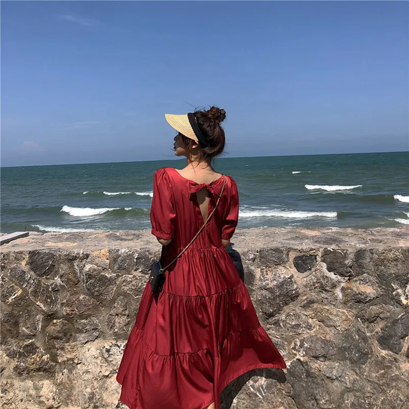 3 цвета женские длинные платья одноцветное с коротким рукавом в винтажном стиле