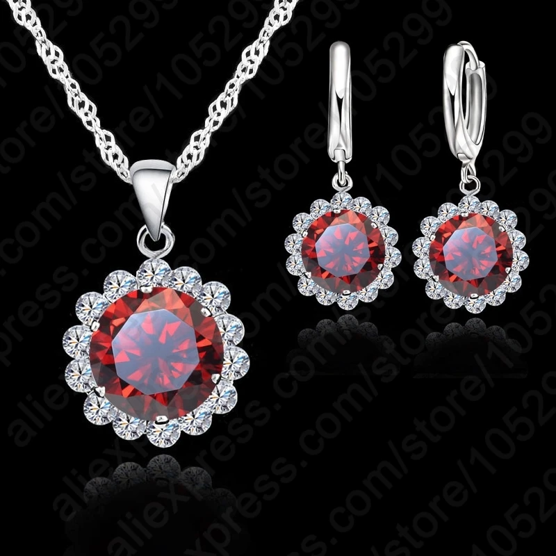 

Wedding 925 Sterling Silver Jewelry Sets Women Round Crystal Pendant Necklace Earring Set Wholesale Price 7 Color Be Chose