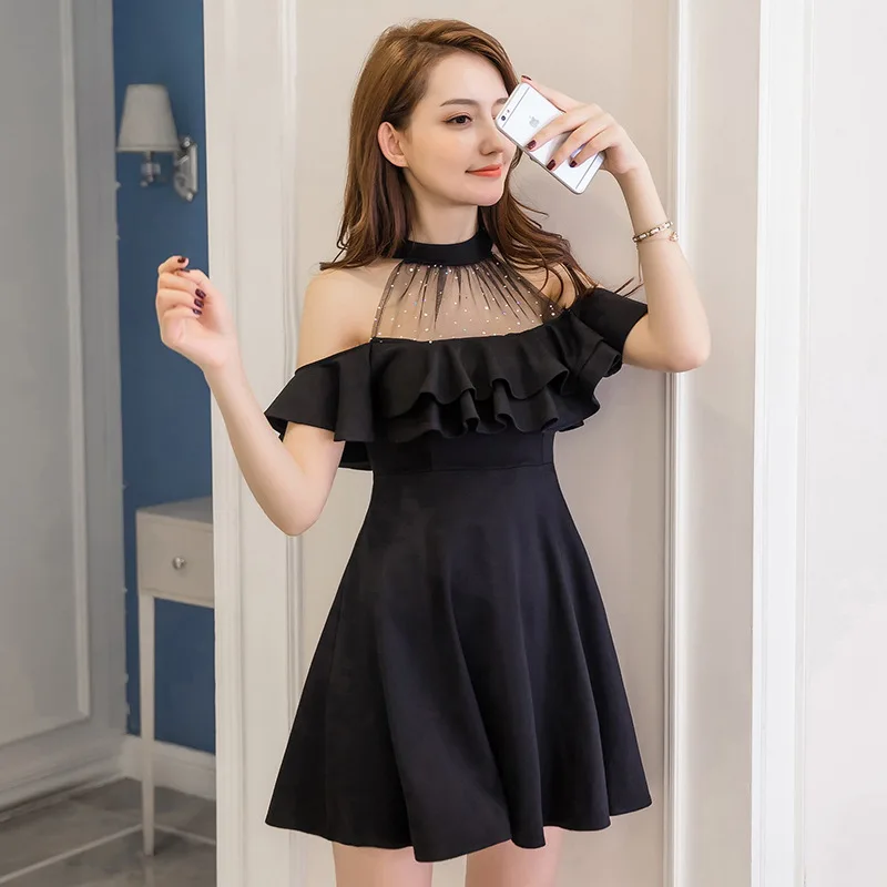 Платье с открытыми плечами черное/белое S-XXL | Женская одежда
