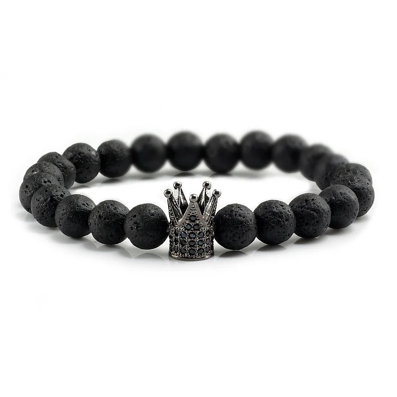 Black Lava Black Классический натуральный черный вулканический камень Для мужчин бусины Браслеты браслеты шарма белого золота Для женщин Crown Tiger глаз браслет для мужчин, мужская Бижутерия Аксессуары - Окраска металла: Black Lava Black