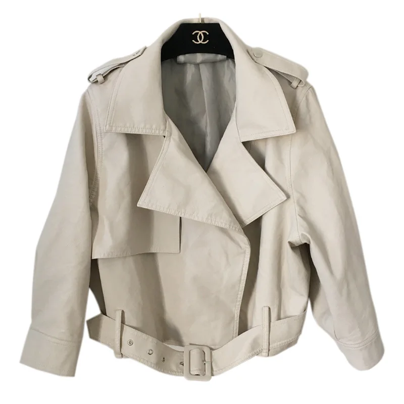Beige Новинка, женские кожаные куртки BF Wind, Женский наручный фонарь с рукавом, пальто из искусственной кожи, свободная повседневная верхняя одежда из искусственной кожи, большие размеры - Цвет: Beige