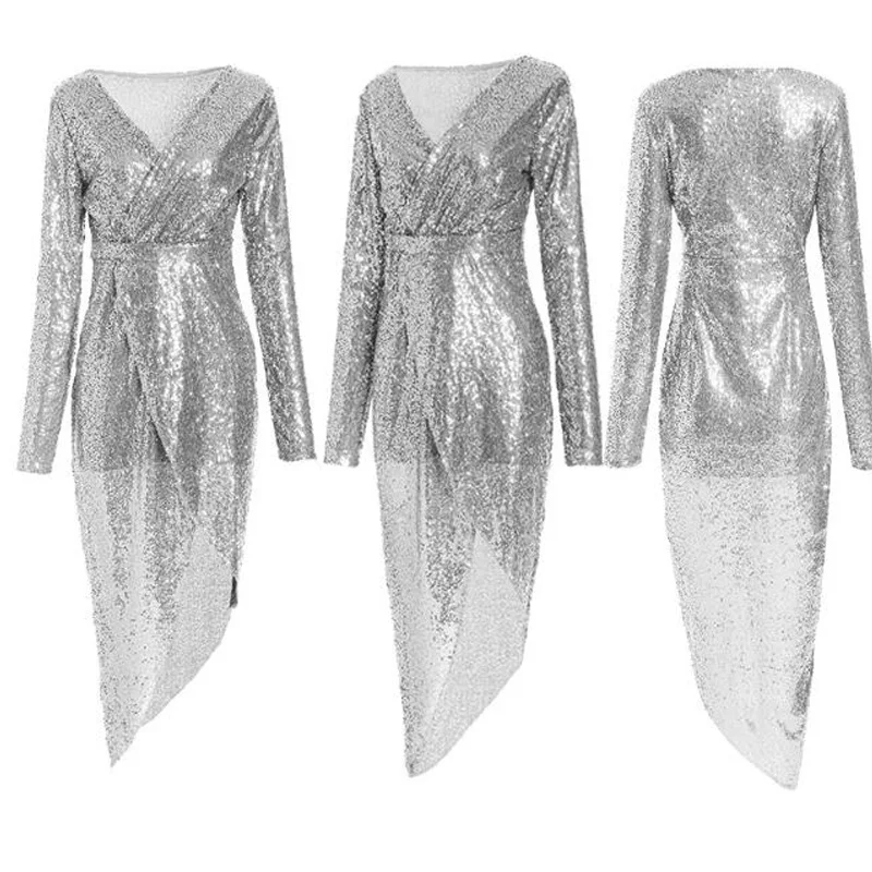 Женское платье с блестками вечернее блестящее длинным рукавом и треугольным