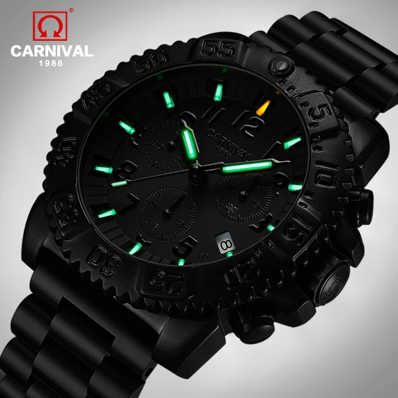 Мужские спортивные водонепроницаемые часы Tritium Luminous черные со стальным ремешком