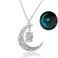 women luminous owl moon pendant necklaces glow in the dark animal charm silver color chains for girls fashion jewelry accessorie