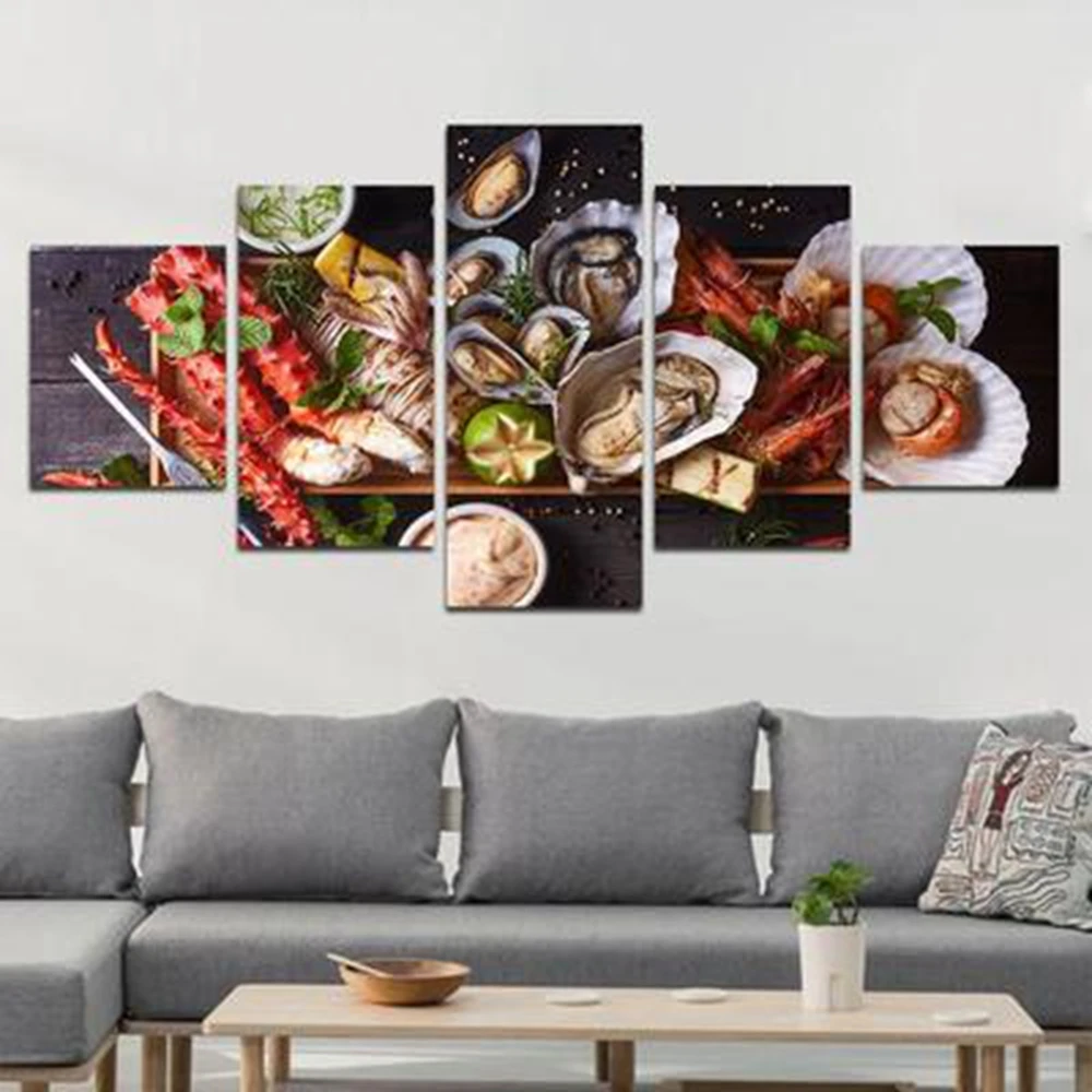 Морской Еда мил 5 штук свежей устрицы Омаров Wall Art модульные картинки для