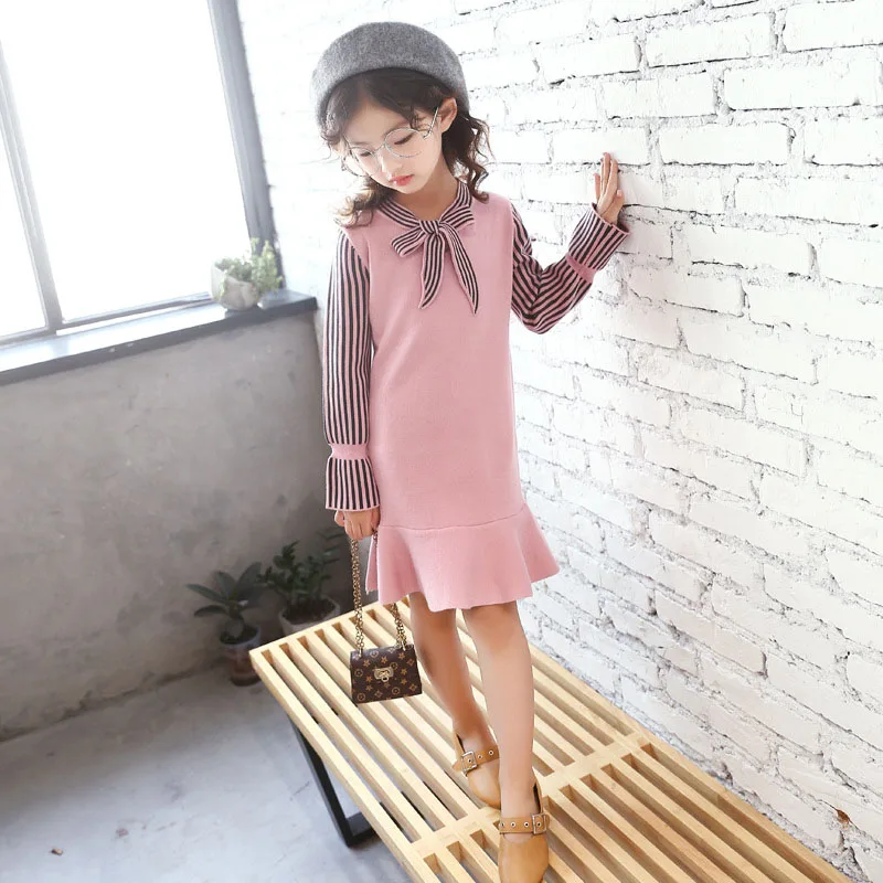 2018 New Spring Autumn Girl Sweater Dress Long Sleeve Knitted Kids Dresses For Girls Striped Casual 6 8 10 12 13 | Детская одежда и