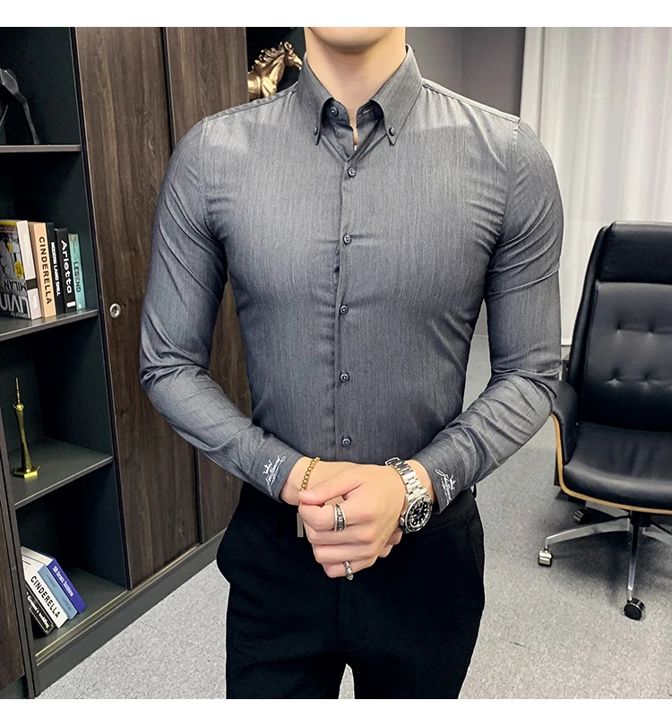 Новые формальные рубашки для мужчин офисное платье бизнес Ropa Hombre Elegante серые белые рубашки мужские розовые Camisa Social Masculina осень