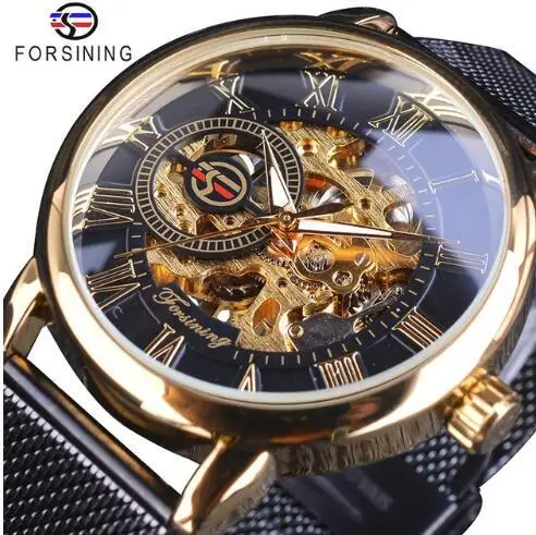 

2019 Fashion Forsining Brand Transparent Case 3d Logo Engraving Golden Stainless Steel Men Gift Mechanical Watch Luxury Skeleton