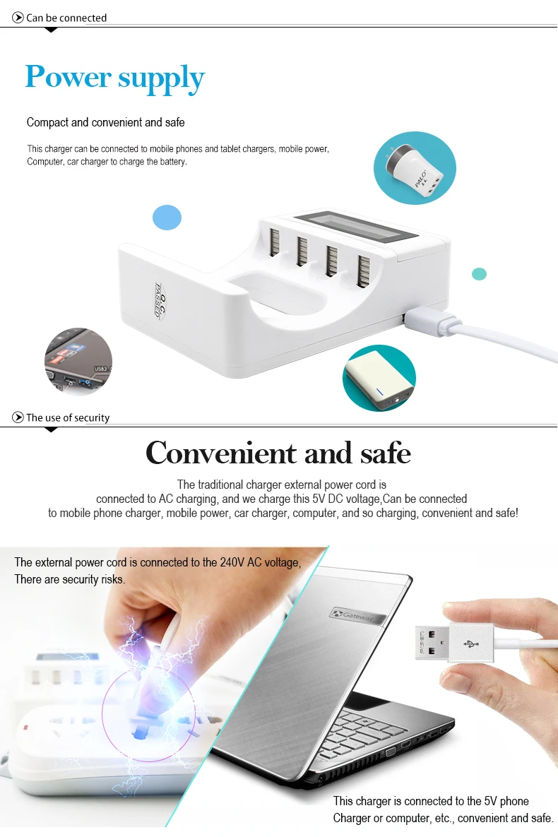 Новое поступление 4 слота ЖК-дисплей USB Смарт Быстрое интеллектуальное зарядное устройство для AA/AAA перезаряжаемая батарея