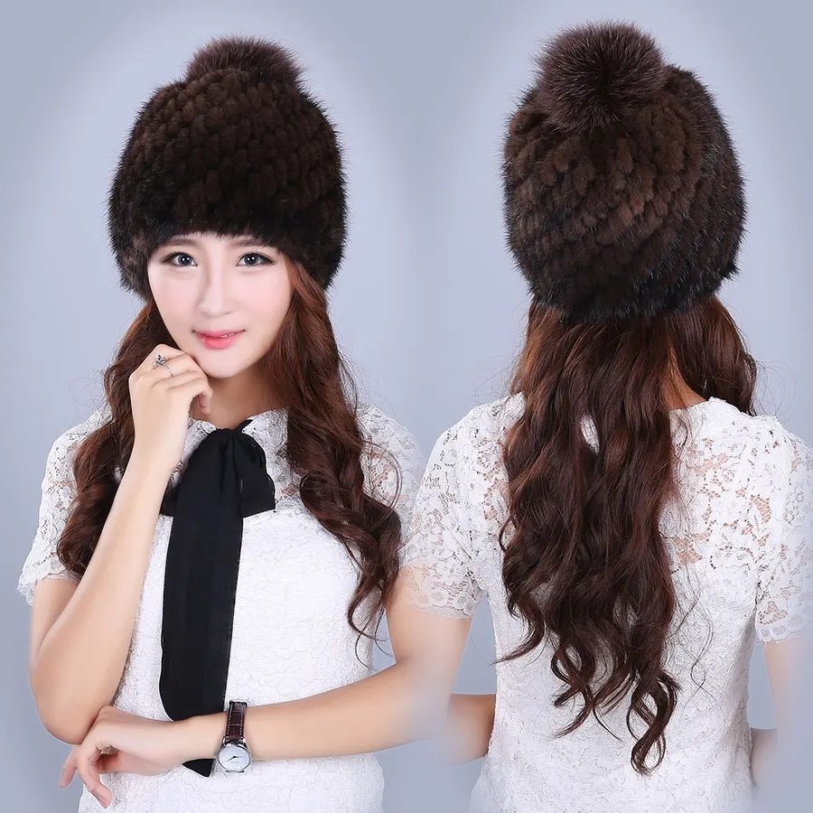 2018 Real Fur Hat Women New Winter Natural Mink Lining Knitted Beanie Red Wine Elegant Brown Black Solid | Аксессуары для одежды