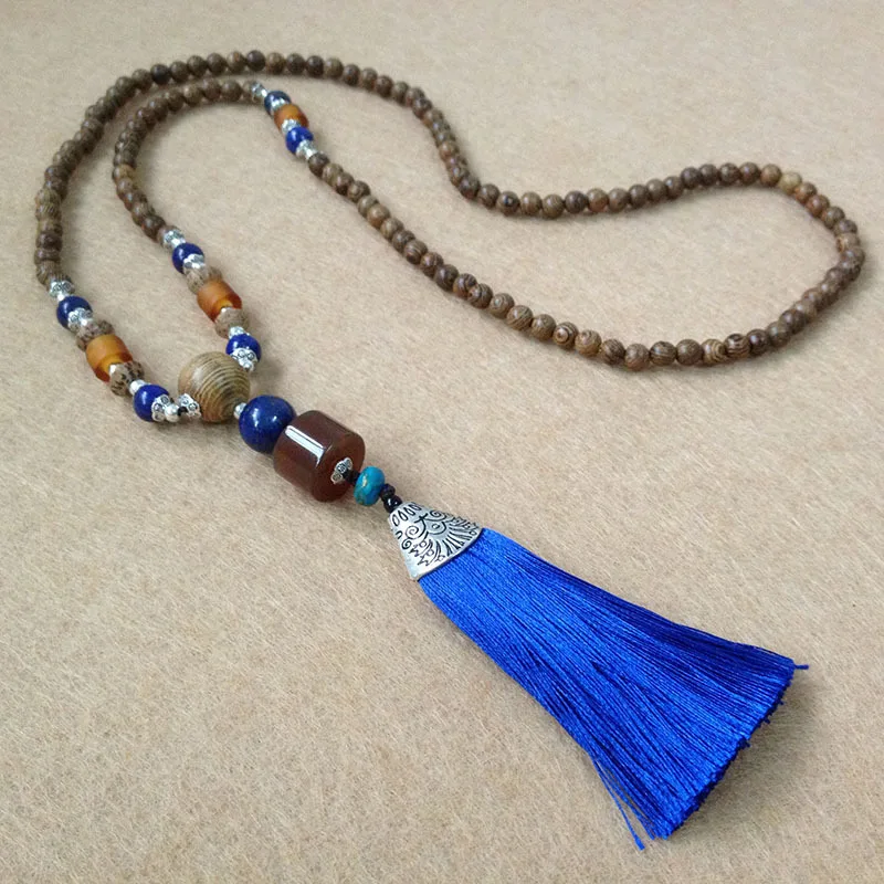 Рождеством зимний ветер Агат Ожерелье Кулон синий кисточкой Китайский свитер