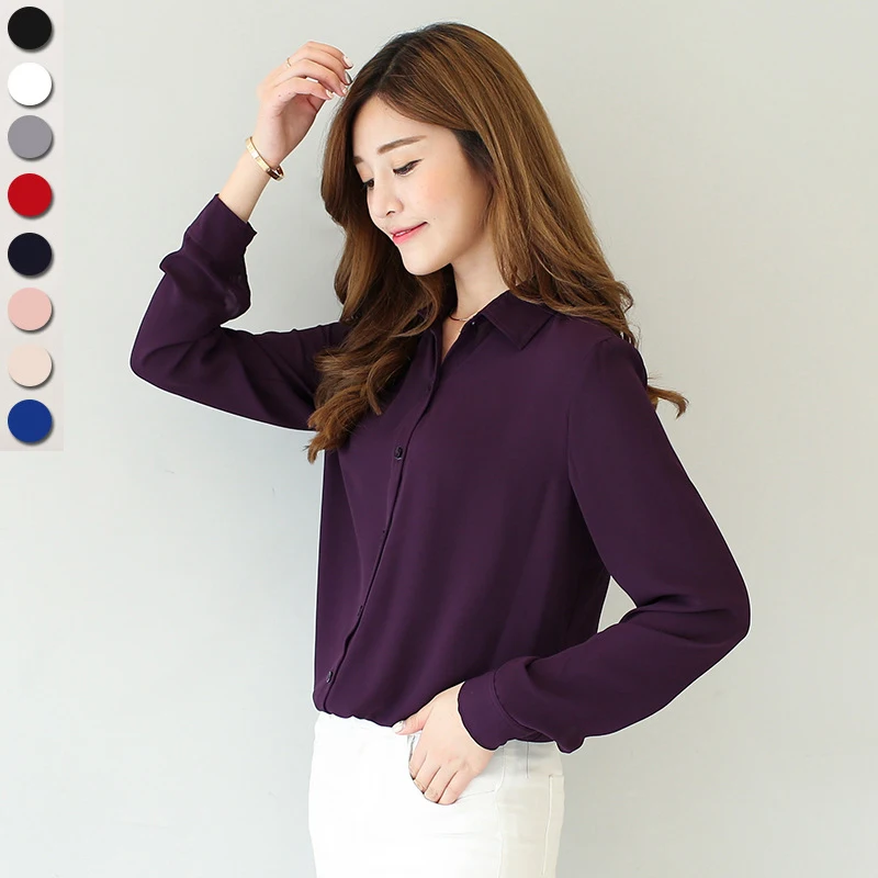 

2021 spring new hot solid color lapel long sleeve shirts Plus Size shirt chiffon blouse shirt women's casual loose blouses EY8