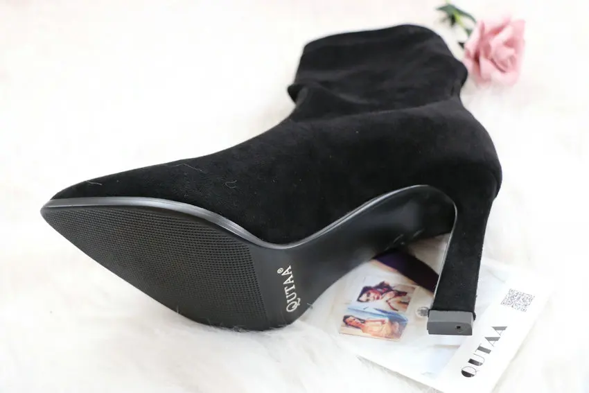 QUTAA New Winter Stretch Ankle Boots Sexy Hoof High Heels Women Shoes Platform Pointed Toe Slip on Short Boots Size 34-43