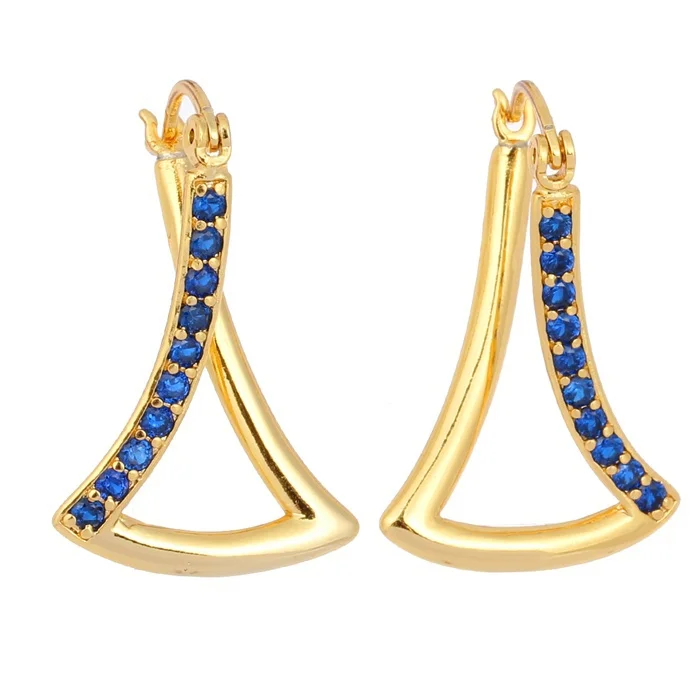 Серьги кольца женские с треугольным кластером и темно синим фианитом|earring body