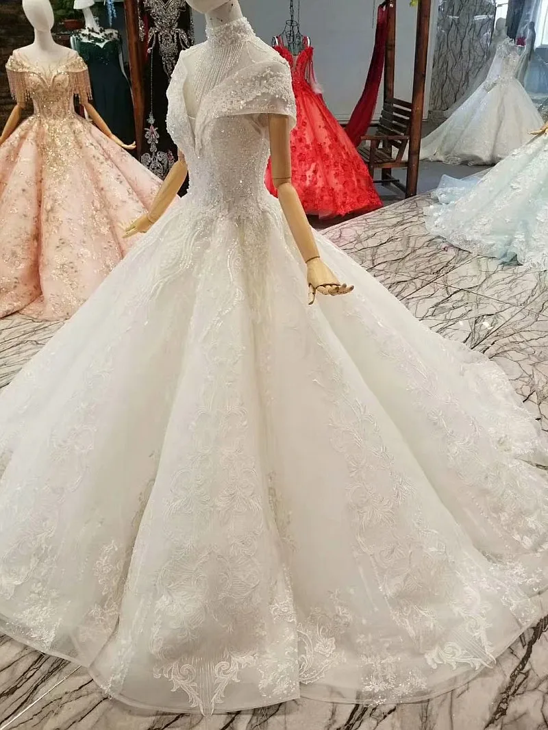 LS850011 free shipping wedding dress short sleeves high neck open keyhole back shiny ball gown count tain robe de soirée longue | Свадьбы и