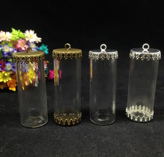 

500pcs 40*15mm one side open tube jars glass globe findings set silver/bronze plated 15mm crown base glass bottle cover necklace