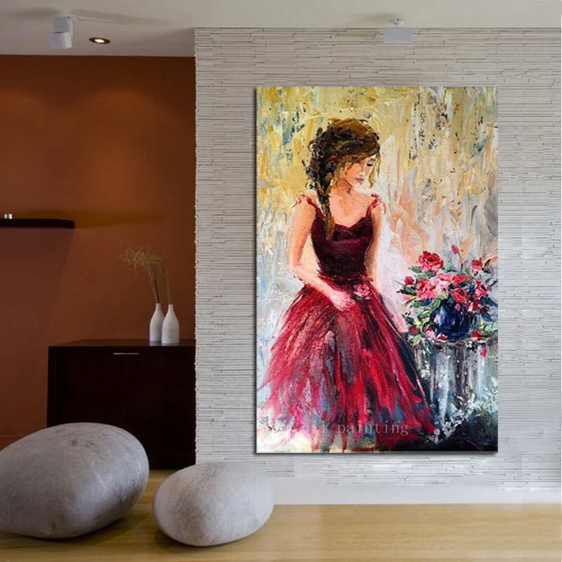 

Hand Painted Modern Wall Art Knife Oil Painting Romantic Woman Figure Red Roses Impressionist Canvas Home Decor Ready To Hang