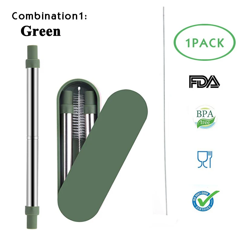 Green Телескопическая соломинка для питья Складная соломинка многоразовая металлическая соломинка с отверстием для ключей для путешествий аксессуары для бара - Цвет: Green