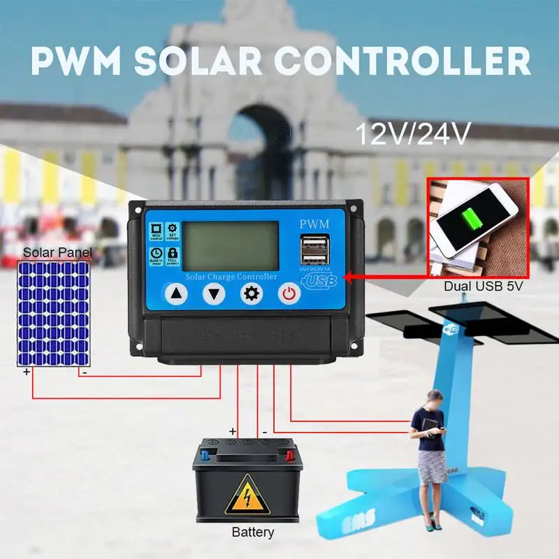 60A PWN регулятор солнечного заряда Dual USB ЖК-дисплей Дисплей 12V 24V авто светодиодный фонарь на солнечной батарее Панель Зарядное устройство регулятор с нагрузкой