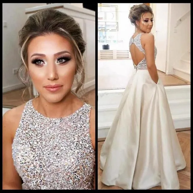 

Champagne Beaded Crystal Prom Dresses Long 2021 vestidos de fiesta largos elegantes de gala Open Back Imported Party Dress