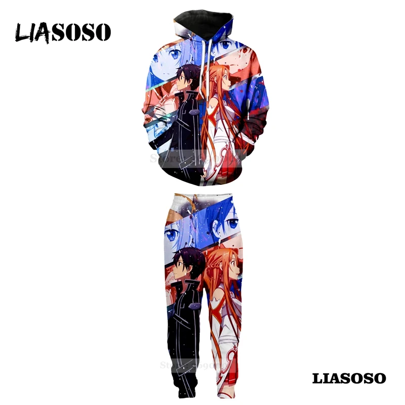 LIASOSO Harajuku/толстовка с капюшоном; комплект с толстовкой; брюки с 3D принтом; унисекс; аниме; меч; искусство онлайн; для любителей бега; спортивные штаны; A674