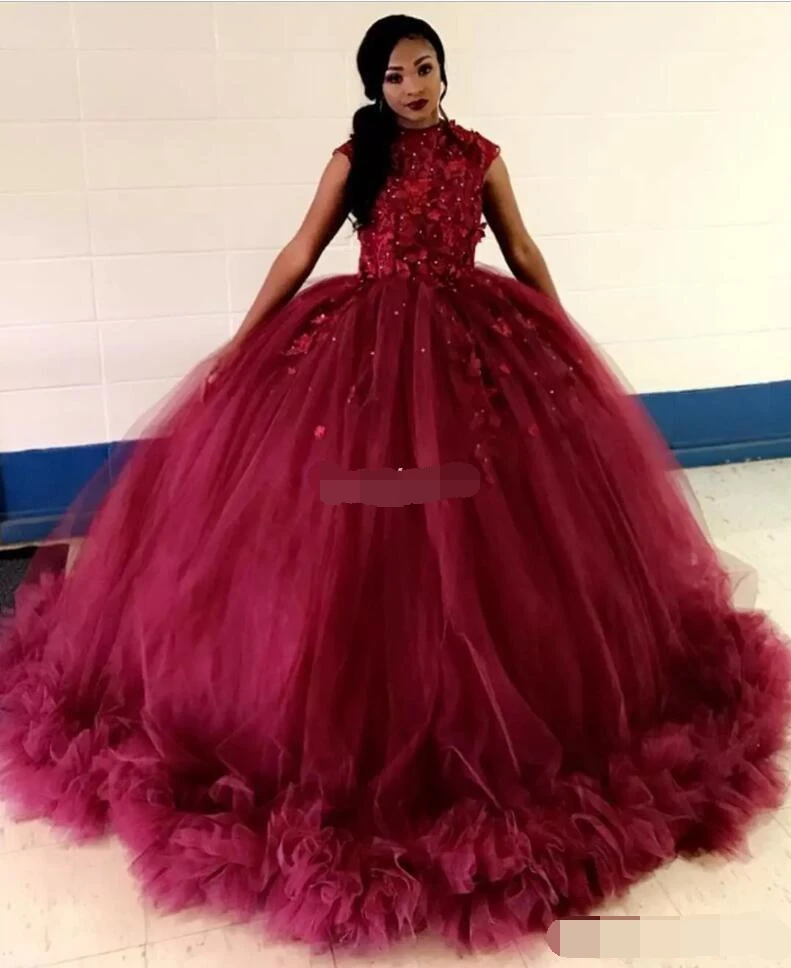 Африканский бордовое вечернее платье Бальные платья vestidos de 15 anos с рукавами-крылышками, с аппликацией с рюшами, для выпускного бала, платье с оборками robe de bal