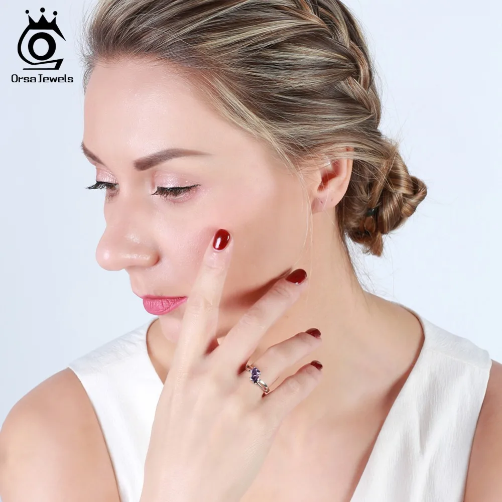 ORSA JEWELS, 925 пробы, серебряные женские кольца, милое Двойное сердце, дизайн AAA, фиолетовый кубический циркон, модное ювелирное изделие, кольцо SR58-P