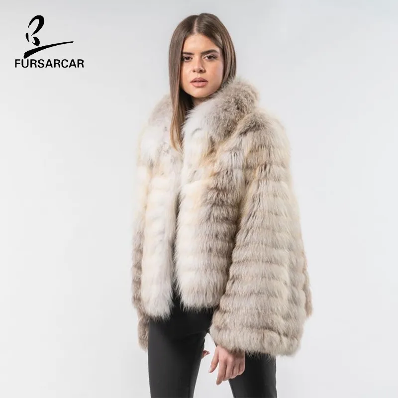 FURSARCAR 2020 Новая женская Настоящая из меха черно бурой лисицы зимнее пальто с