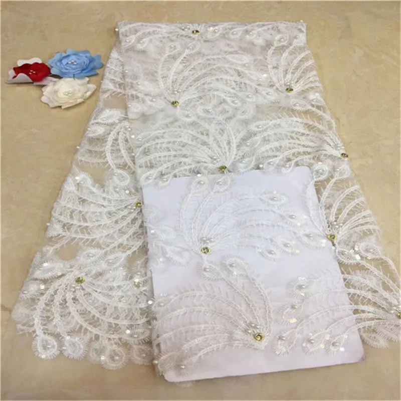 

Latest French Nigerian beads stones Laces Fabrics High Quality African Laces Fabric Wedding Glued glitter sequins Tulle Lace