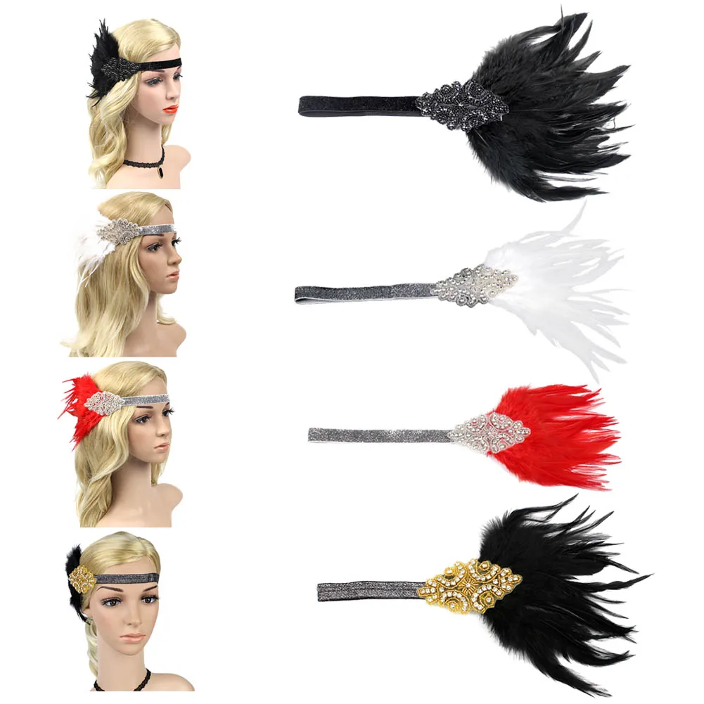 Fashion Vintage Women Ladies Feather Rhinestone Headpiece Flapper Headband Carnival Hair Band | Украшения и аксессуары