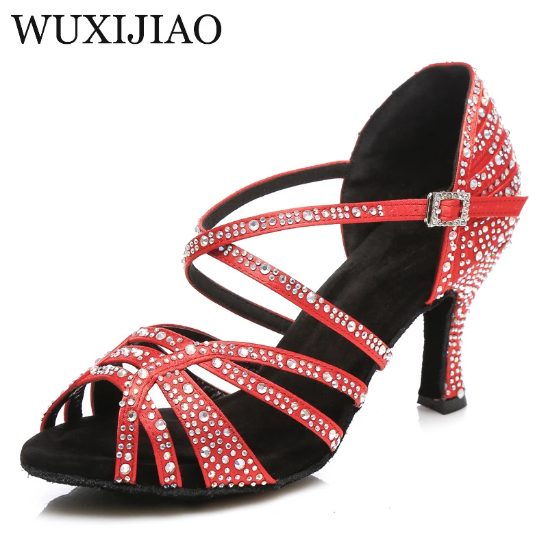 WUXIJIAO Latin Dance Shoes Women New laser Rhinestone Satin Salsa Party Ballroom Dancing Shoes Skin bronze Cuba high heel 9cm