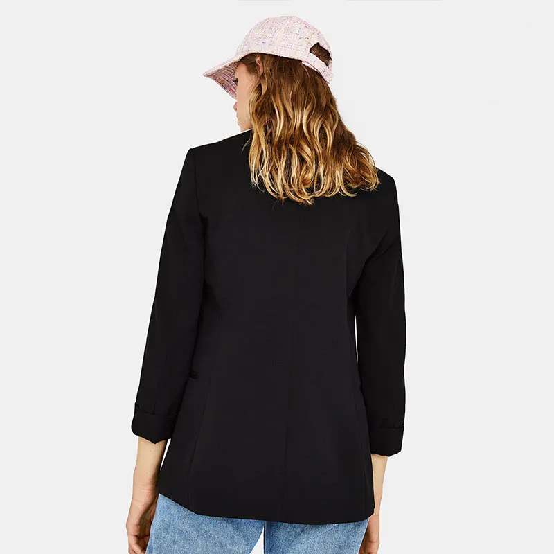 HYH Haoyihui Office Lady Autumn Side Collision Color Barge Collar Suit White Black Solid Turn-down Open Stich Wide-waisted Coat | Женская