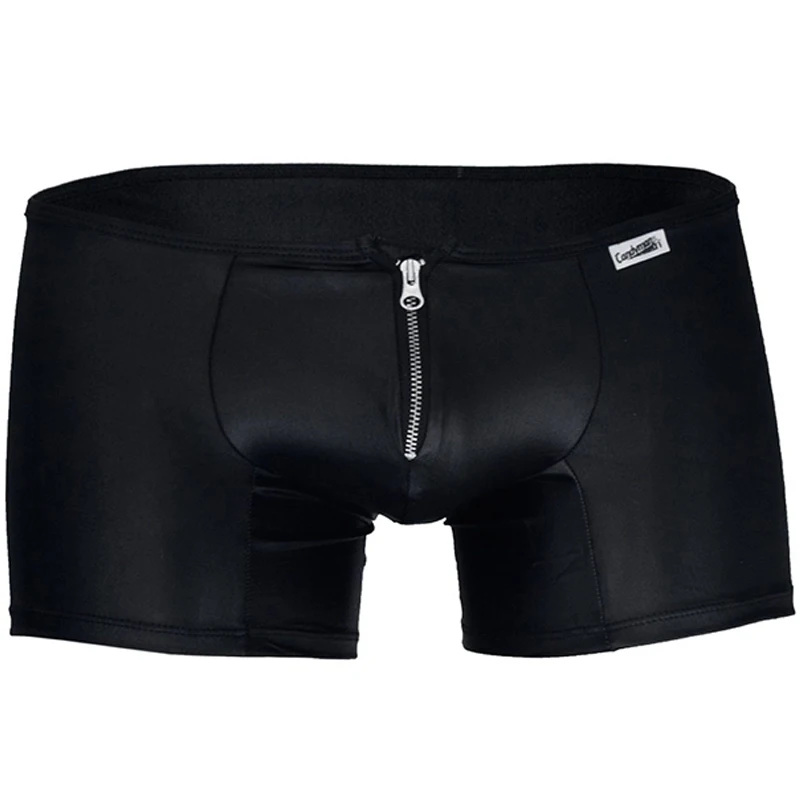 Mens Underwear Boxers Black Vinyl Leather Zip Front Boxer Homme Bokserki Gifts for Men Sissy Underwear Boxershorts Men